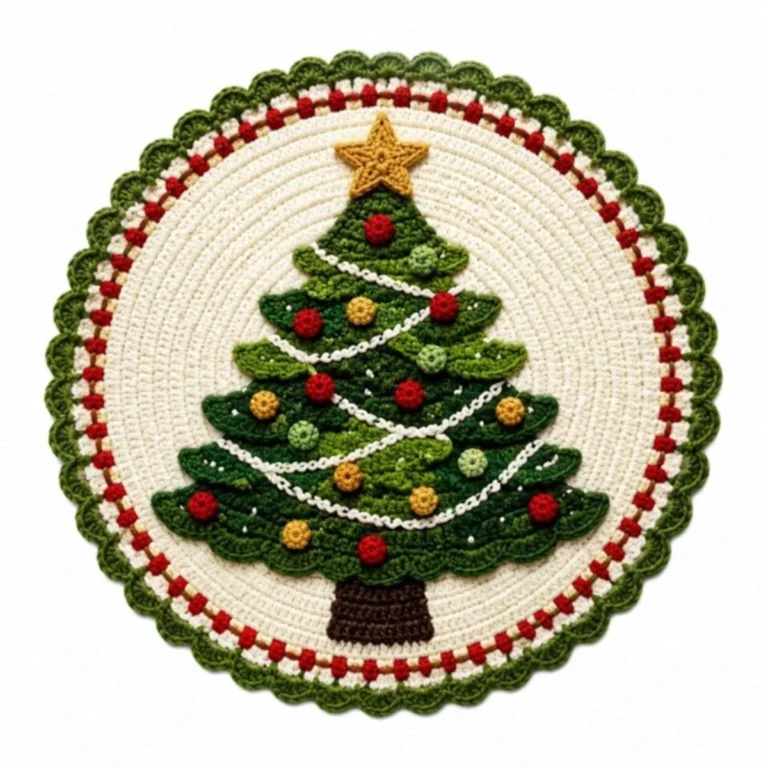 Crochet Christmas coaster with a layered green Christmas tree, star, and red berries on a cream scalloped round.