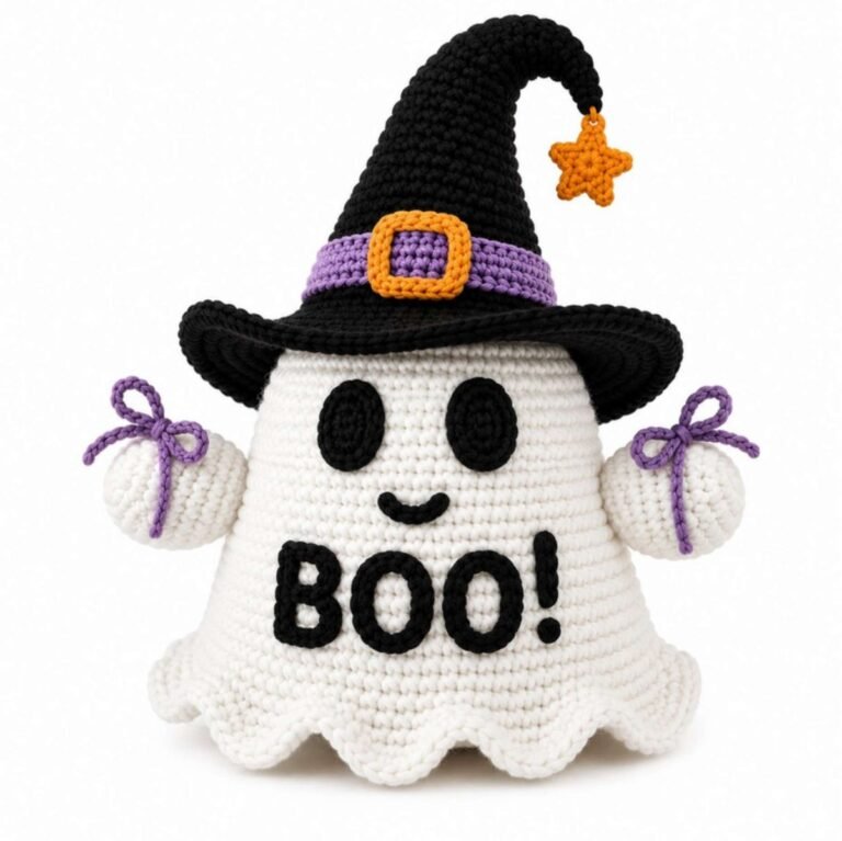 Crochet ghost witch amigurumi with black witch hat, purple band, orange buckle and star, and raised BOO! lettering