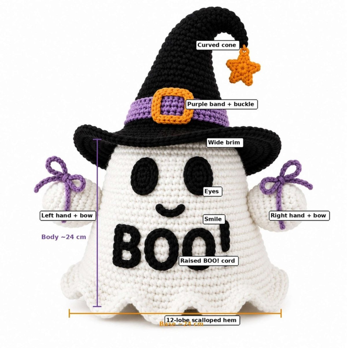 Labeled crochet ghost witch diagram showing curved hat cone, band and buckle, brim, eyes, smile, BOO! cord, hands and 12-lobe scalloped hem