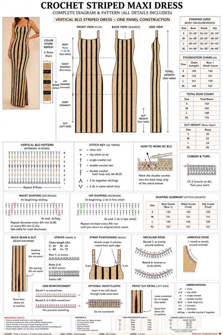 Crochet striped maxi dress complete diagram with stitch key, dc BLO stripe chart, waist and hip shaping, straps and size tables S to XL