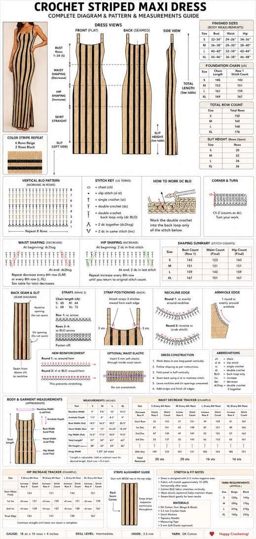 Crochet maxi dress body and garment measurements guide with waist decrease tracker and hip increase tracker for sizes S to XL