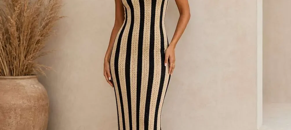 Crochet Striped Maxi Dress Pattern (free) -Fitted Bodycon Dress With Slit, Size S-XL