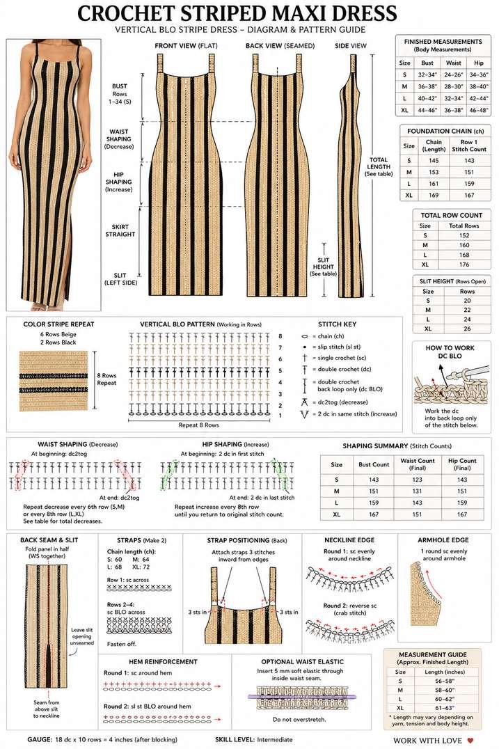 Vertical BLO stripe crochet dress stitch diagram showing front, back and side views with stitch key