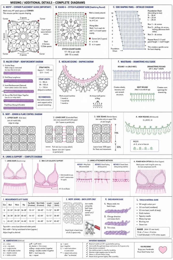 Crochet floral motif halter set assembly and missing details diagram