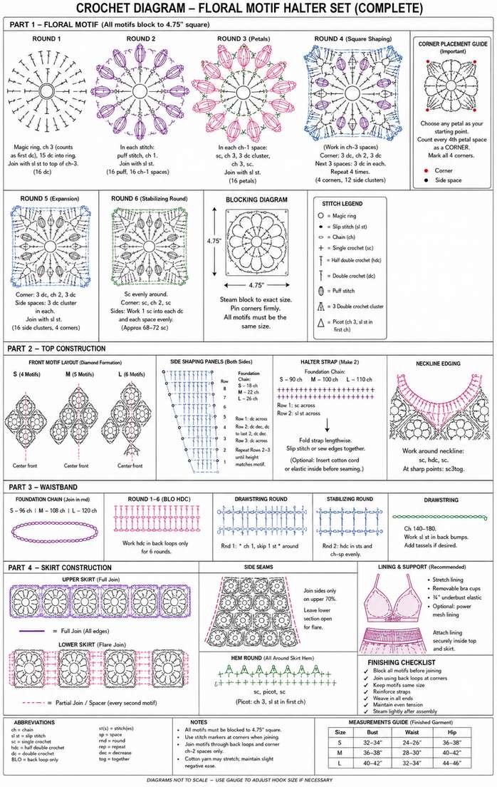 Complete crochet chart for floral motif halter set rounds 1 to 6