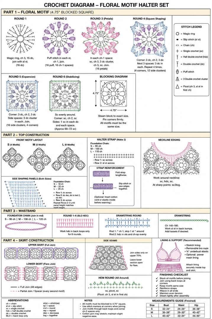 Crochet diagram for floral motif halter top and skirt set