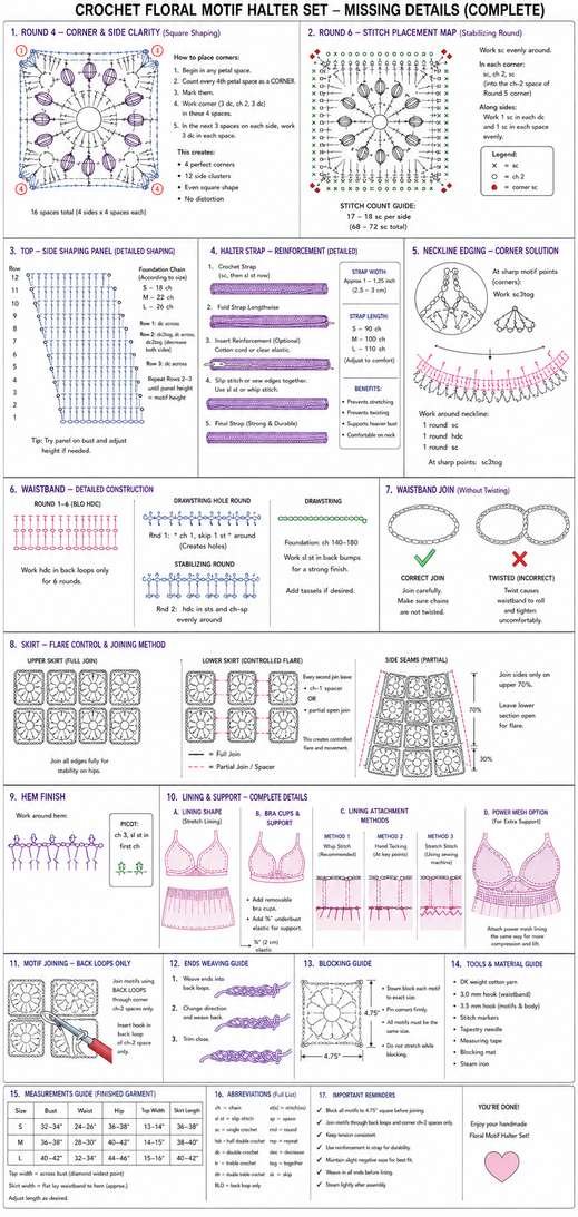 Crochet halter set missing details diagram with corner placement and skirt flare
