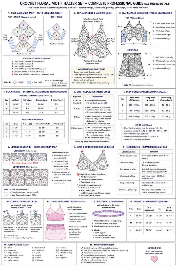 Crochet floral motif halter set professional guide with assembly map and size grading