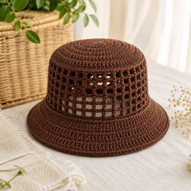 Brown mesh bucket hat crocheted in worsted cotton with a solid crown, openwork mesh side wall and flared brim