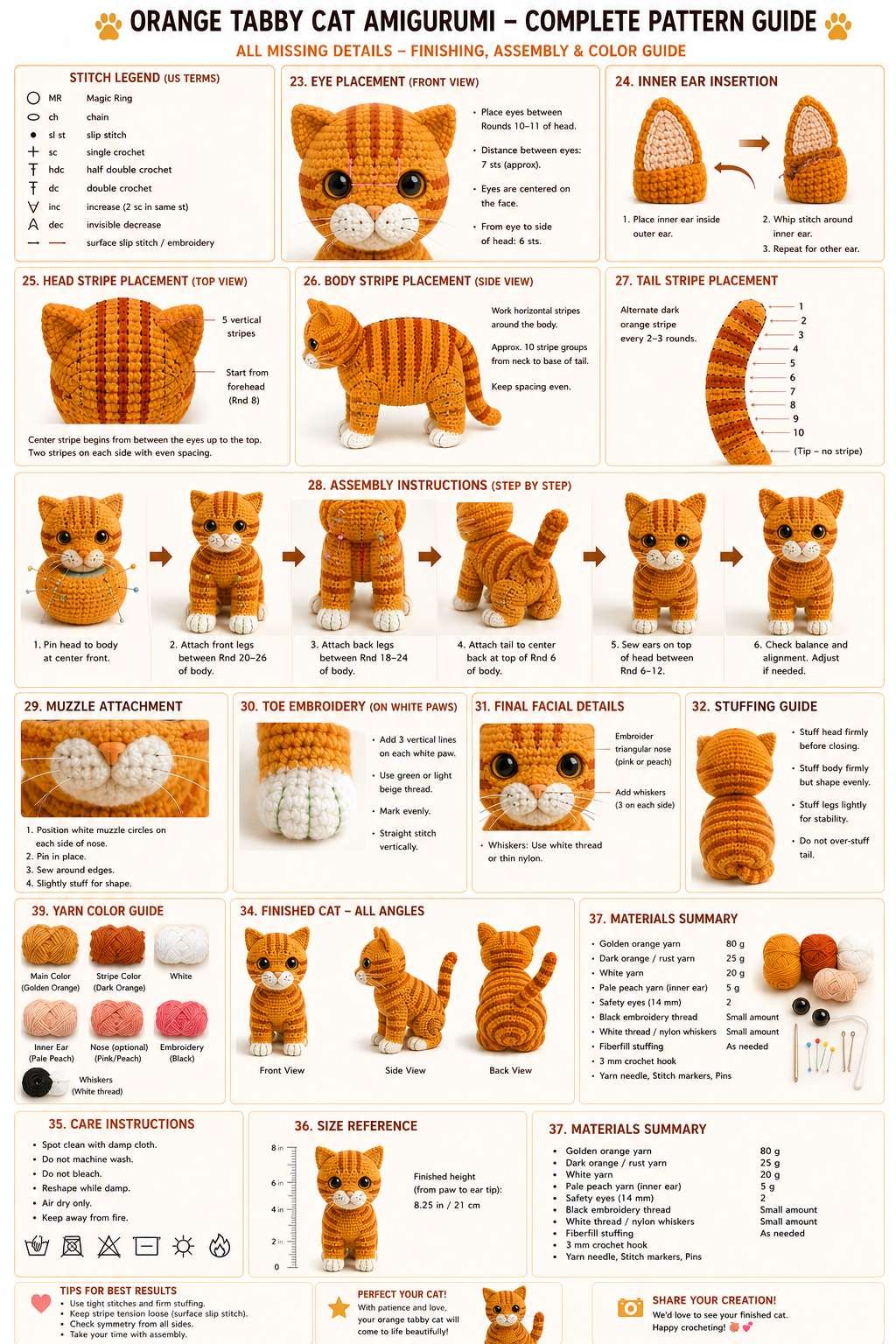 Orange tabby cat amigurumi complete pattern guide with eye placement, stripe placement, step by step assembly, stuffing, yarn colors and care instructions