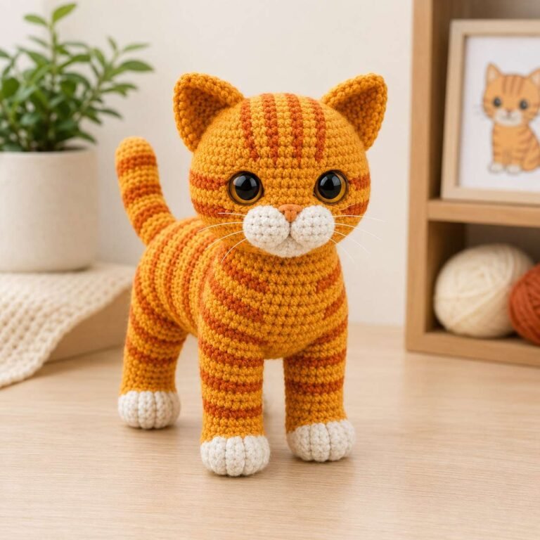 Finished orange tabby cat amigurumi crochet pattern with dark orange tabby stripes, white paws and white muzzle standing on a wooden table