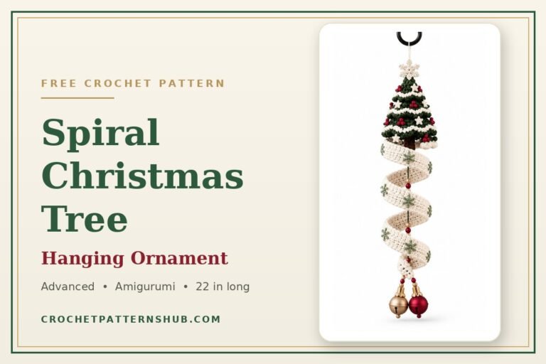 Spiral Christmas tree crochet pattern: free hanging ornament with amigurumi cone tree, wired spiral tail and jingle bells
