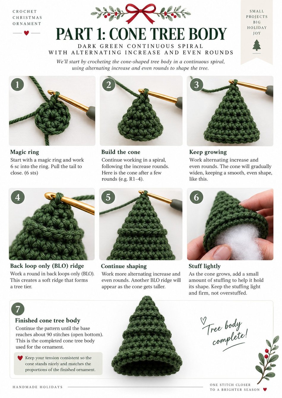 Spiral Christmas tree crochet pattern Part 1 photo tutorial: crocheting the dark green cone tree body in a spiral with back loop only ridges and light stuffing