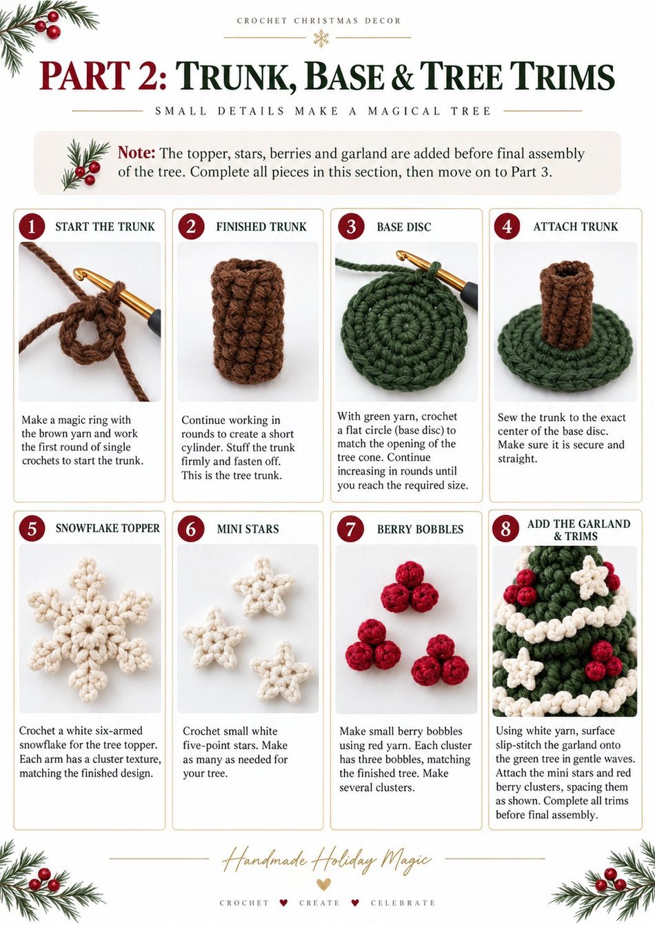 Spiral Christmas tree crochet pattern Part 2 photo tutorial: crochet trunk, green base disc, snowflake topper, mini stars, red berry bobbles and white garland trims