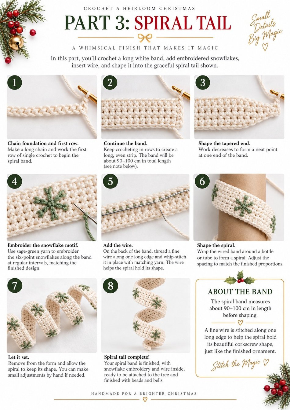 Spiral Christmas tree crochet pattern Part 3 photo tutorial: crocheting the white band, embroidering sage green snowflakes, adding wire and shaping the spiral tail around a tube