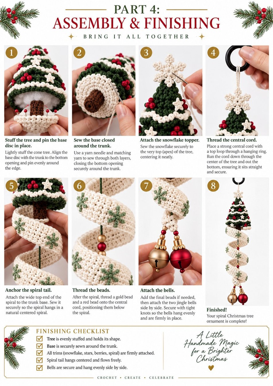 Spiral Christmas tree crochet pattern Part 4 photo tutorial: stuffing and sewing the base, attaching the snowflake topper, threading the central cord, anchoring the spiral tail and attaching jingle bells