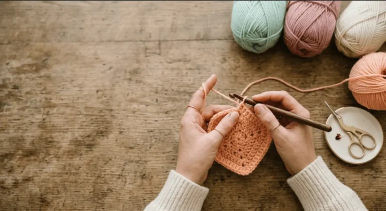How to hold a crochet hook — hands crocheting with pastel yarn